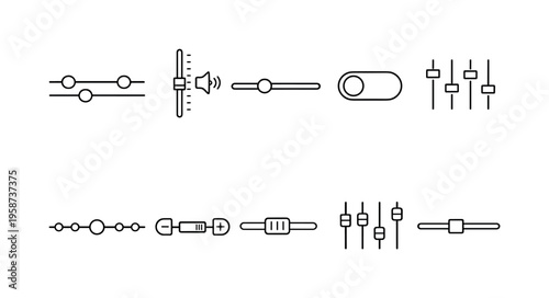 Collection of diverse line art icons representing sliders and controls for audio and settings