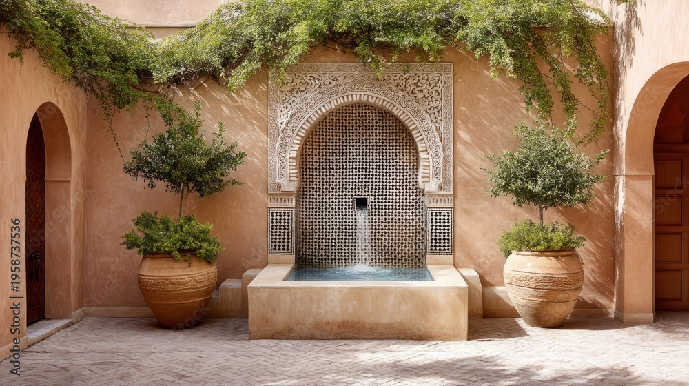 Fototapeta premium Traditional Moroccan Riad Courtyard with Elegant Fountain and Pavilion Design