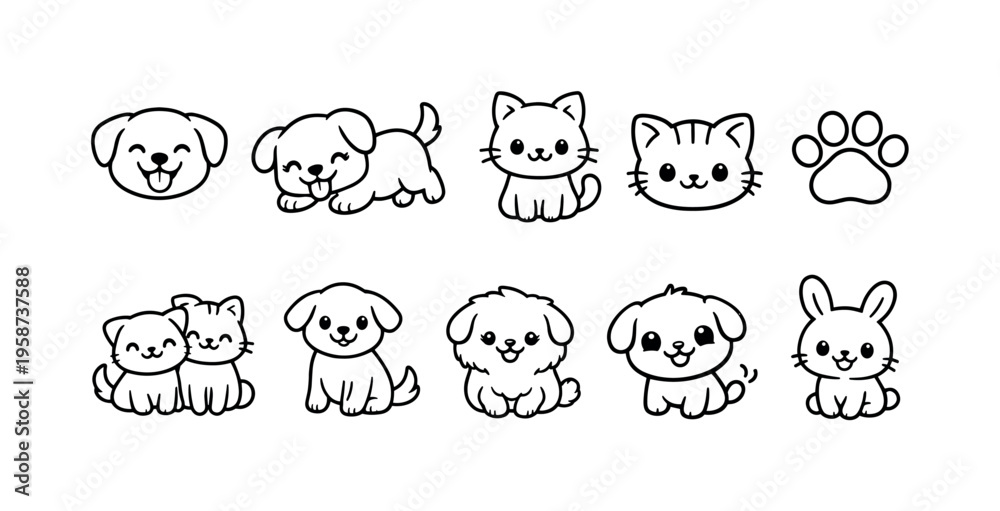 Obraz premium Collection of cute cartoon dogs, cats, and a bunny in simple line art style