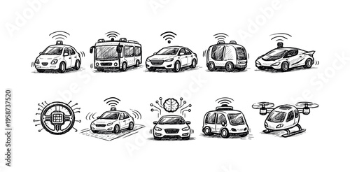 Collection of autonomous vehicles and transportation concepts in sketch style