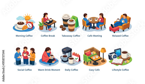 Diverse coffee drinking scenarios depicted in isometric illustrations