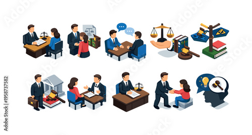 Legal consultation and justice concepts illustrated in isometric scenes