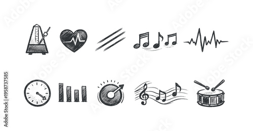Collection of hand-drawn icons representing music, rhythm, and time concepts