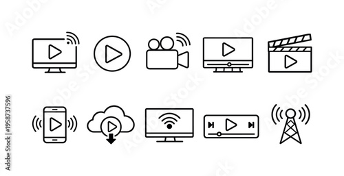 Collection of media and streaming icons representing digital content and broadcasting