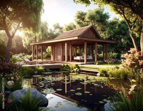Serene gazebo reflected in a pond, surrounded by lush garden under a sunny sky