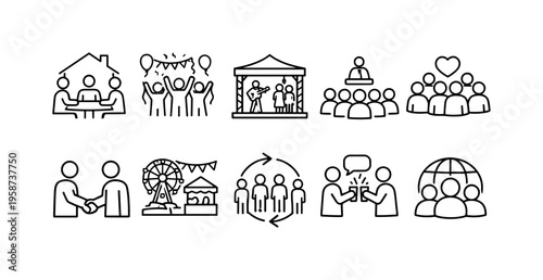Collection of simple line icons representing community events and social interactions