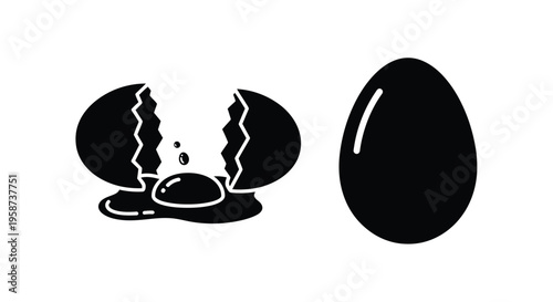 Black and white illustration of a cracked egg and a whole egg
