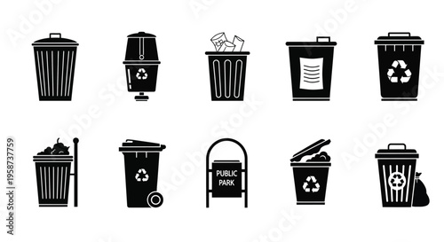 Collection of various black trash cans and recycling bins icons