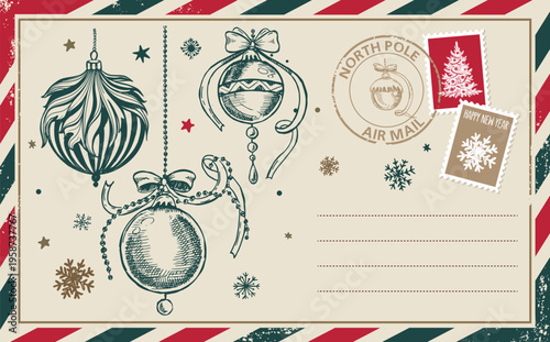 Vintage Christmas and New Year Postcard with Hand-Drawn Ornaments