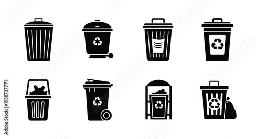 Black and white illustration of various trash and recycling bin icons