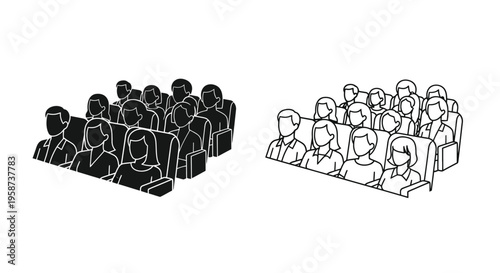 Black and white line art illustration of people seated in rows