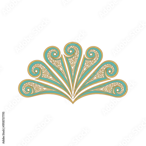 Vintage ornate fan or shell motif with gold and teal detailing, elegant decorative element