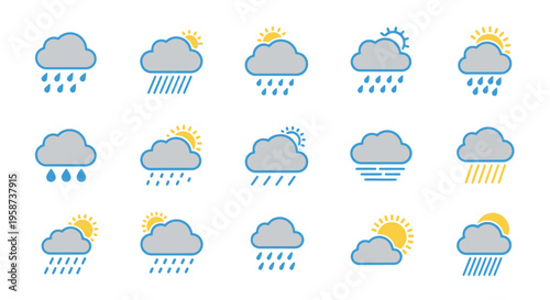 Various weather icons depicting sun clouds rain and other conditions