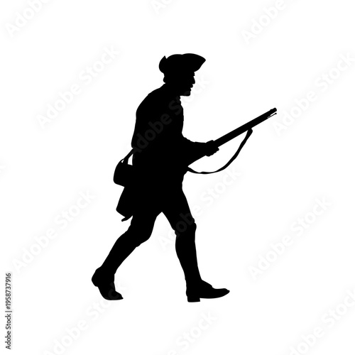 Silhouette of an 18th century american soldier with musket, vector illustration