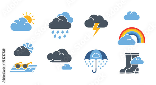 Colorful weather icons depicting various atmospheric conditions and related items