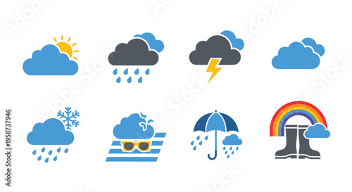 Weather icons depicting sun clouds rain storms and rainbow conditions
