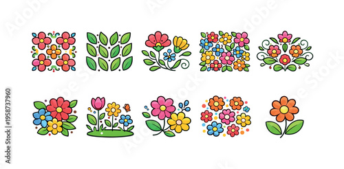 Collection of cute, colorful floral and leaf illustrations for design