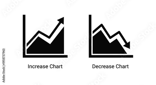 Two simple black charts illustrate growth and decline with upward and downward trends