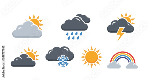 Various weather icons depicting sun clouds rain snow and rainbows