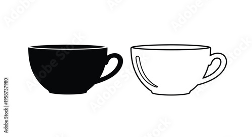 Two coffee cups a black silhouette and a white outline illustration