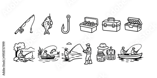 Collection of simple line art icons representing various fishing activities and gear