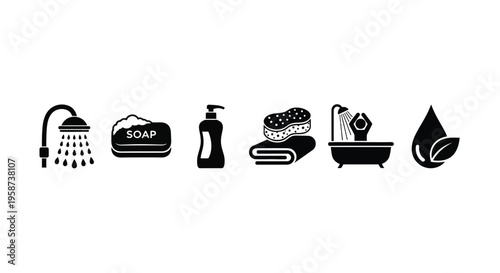 Black silhouette icons representing bathroom items and hygiene products