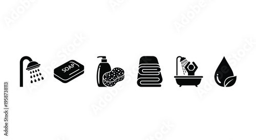 Black silhouette icons representing bathing and personal hygiene items