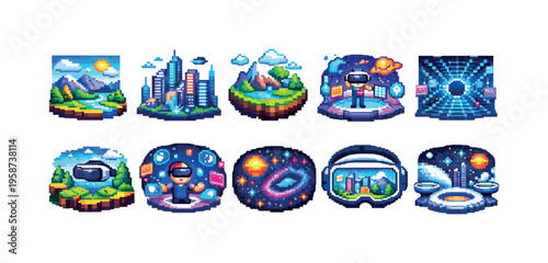 Pixel art collection of virtual reality experiences and futuristic cityscapes