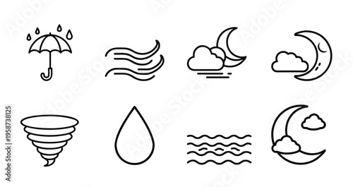 Weather and climate outline icon set featuring umbrella with rain, wind blow, moon with cloud, night sky, tornado, water drop, sea wave, and crescent moon symbols for forecast vector illustration