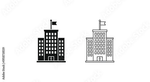 Two stylized building icons with flags one filled and one outlined