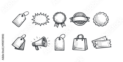 Hand-drawn icons for sales, marketing, and shopping promotions