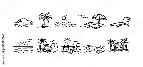 Collection of simple line art icons depicting various beach and tropical island scenes