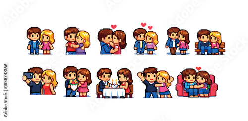 Pixel art couples in various romantic poses and activities