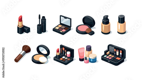 Collection of isometric makeup icons for beauty and cosmetic products