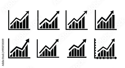 Collection of black and white upward trending bar graph icons