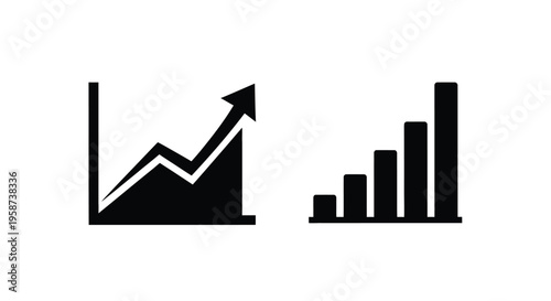 Black and white graphic depicting upward trends with bar charts and lines