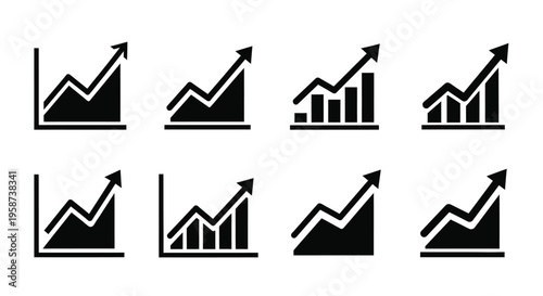 Collection of black line graphs and bar charts showing upward trends