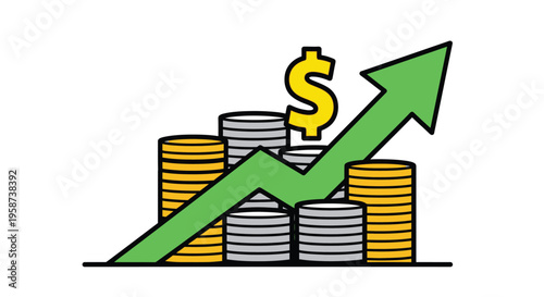 Financial growth represented by stacks of coins and a rising arrow
