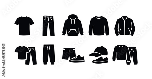 Collection of black clothing and footwear icons on a white background