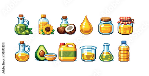 Collection of pixel art edible oils and ingredients in various containers