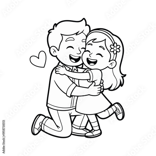 Happy Father and Daughter Hugging Line Art