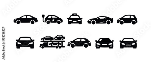 Collection of diverse car icons representing various vehicle types and services
