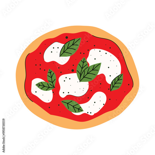 Italian pizza Margherita vector flat illustration. Slice of cheese pizza with basil and tomato sauce.