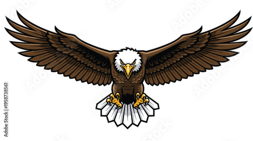 Flying eagle mascot with spread wings illustration, powerful bird of prey vector design, fierce wildlife emblem isolated on white background for sports branding