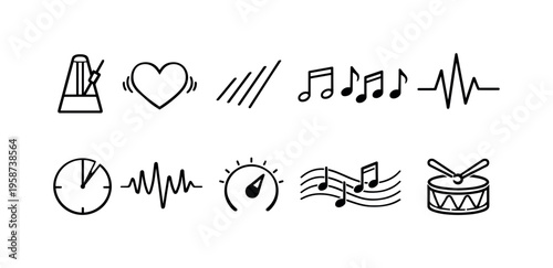 Collection of simple line art icons representing music, rhythm, and life signals