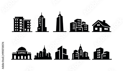 Collection of diverse building silhouettes representing urban and suburban architecture
