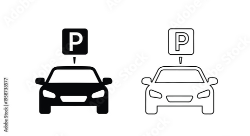 Parking symbol above a car shown in both filled and outline styles