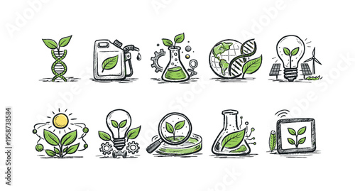 Sustainable biotechnology icons representing innovation, research, and green energy solutions