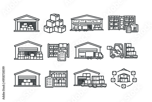 Warehouse and logistics icons depicting storage, delivery, and inventory management