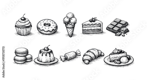Collection of hand-drawn sweet desserts and pastries in a charming sketch style